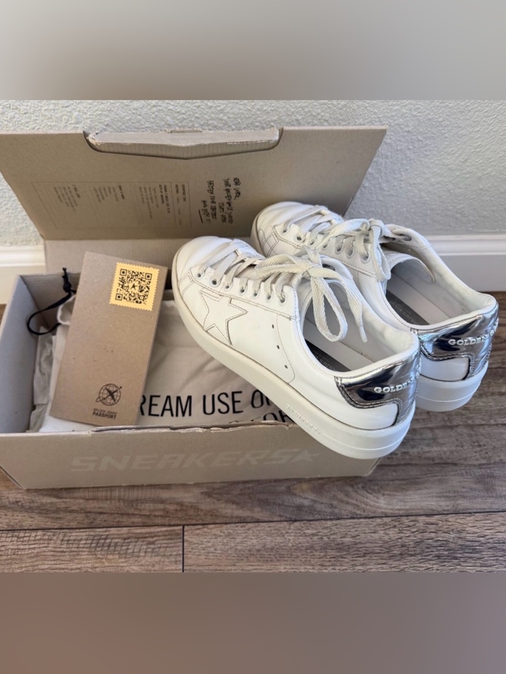 Authentic Golden Goose pure star white leather silver accent sneakers size 36 6